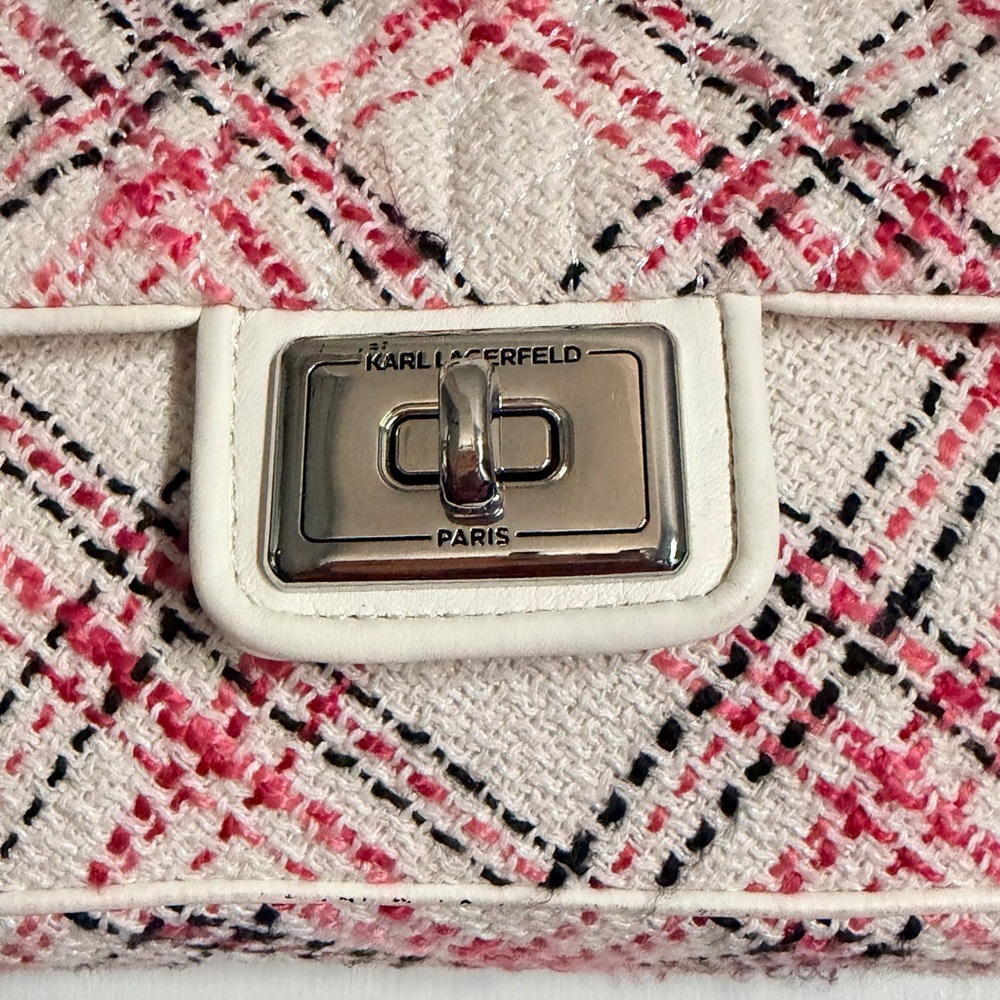 Karl Lagerfeld Pink & Black Plaid Tweed Chain Shoulder Bag - Picture 3 of 3